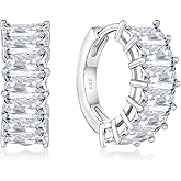 YIFSIY Gemstone Huggie Hoop Earrings, 925 Sterling Silver Baguette Hoop Earring Birthstone Jewelry Gift for Women