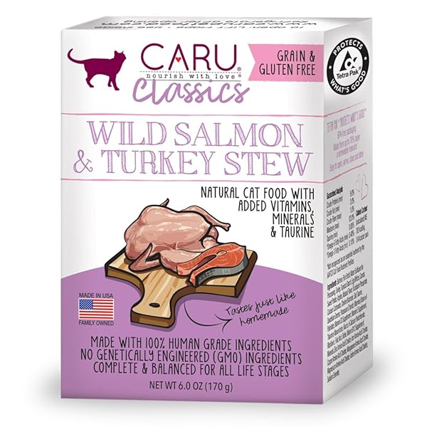 CARU – WILD SALMON & TURKEY STEW FOR CATS, NATURAL CAT FOOD WITH ADDED VITAMINS, NON-GMO INGREDIENTS, COMPLETE AND BALANCED FOR ALL STAGES OF LIFE (6 OZ)