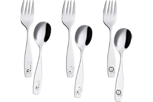 ANNOVA Kids Silverware 6 Pieces Children's Safe Flatware Set Stainless Steel - 3 x Children Forks, 3 x Dinner Spoon, Toddler Utensils, for Lunchbox (Safari Animals Etched Elephant, Giraffe, Lion)