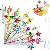 QKP 16PCS Reusable Sea Animal Beach Straws, Swirly Drinking Straws for Party Favors, Birthday Party Supplies with 2 PCS Cleaning Brushes(Pink + Blue)