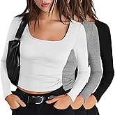 Riyiper 3 Pack Women's Long Sleeve Crop Tops, Square Neck Workout Shirts Tees Going Out Y2k Tops Basic Slim Fitted Base Layer