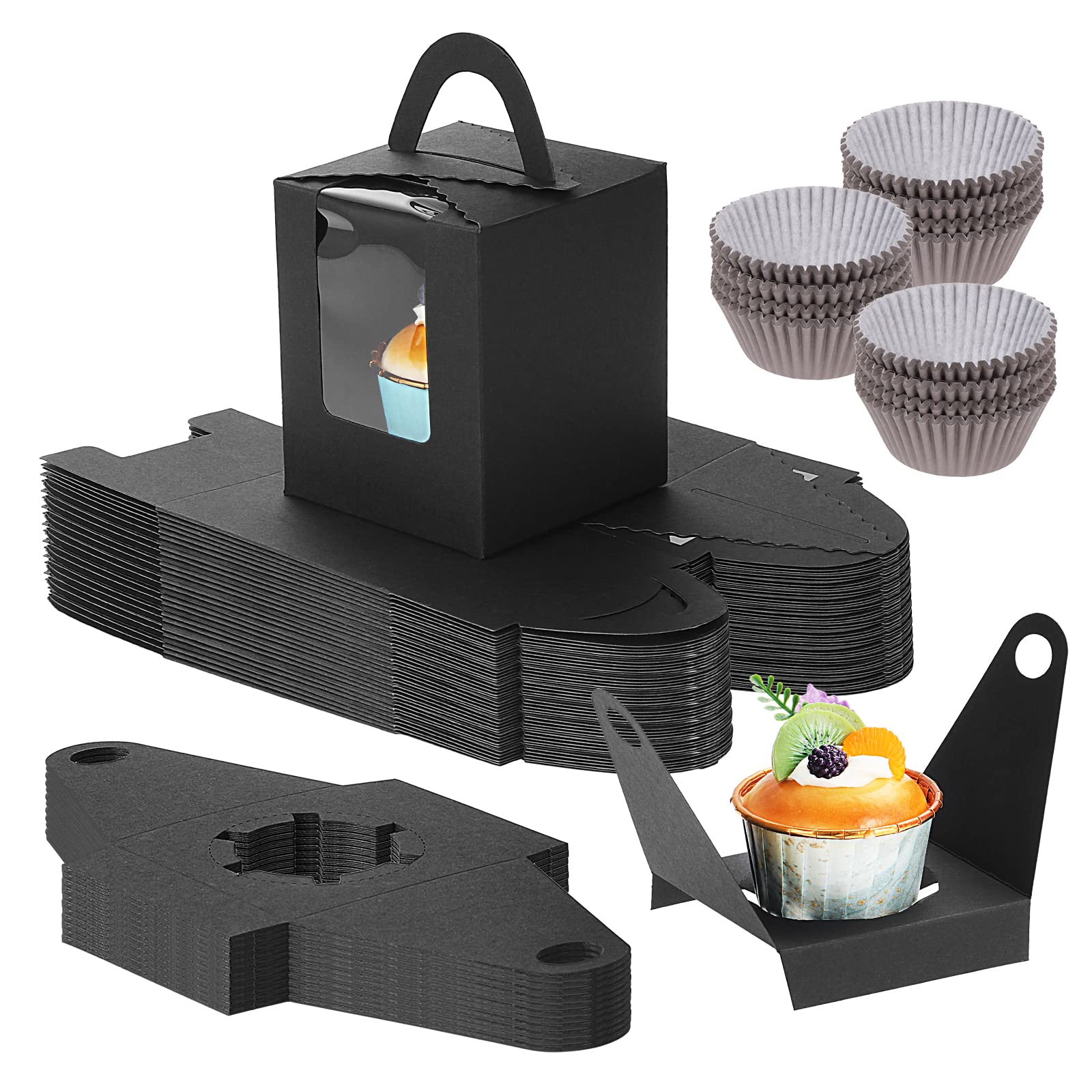 Fippy 50PCS Individual Cupcake Boxes with 100PCS Paper Cupcake Cases, Single Cupcake Boxes with Window, Small Pastry Boxes for Packaging Cupcakes, Desserts, Cookies, Black