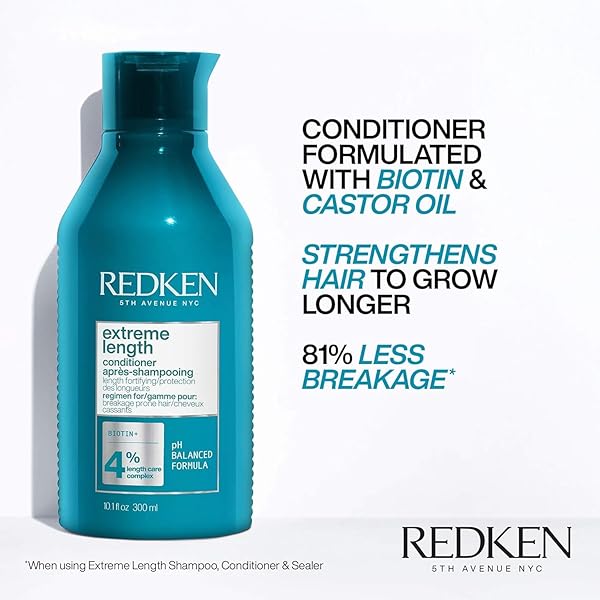 REDKEN EXTREME LENGTH CONDITIONER FOR DAMAGED HAIR – FORTIFIES, STRENGTHENS AND CONDITIONS HAIR, INFUSED WITH BIOTIN & CASTOR OIL FOR HAIR GROWTH, 10.1 FL OZ