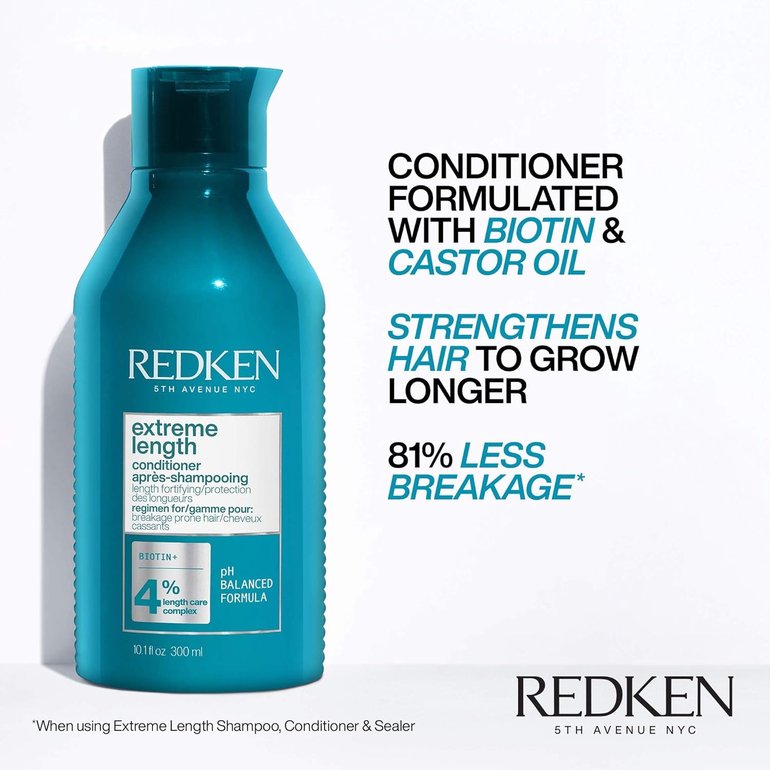 Redken Extreme Length Biotin Conditioner For Longer Hair – Promotes Healthy Hair Growth, Strengthens & Detangles Damaged Hair, Infused With Biotin & Castor Oil​