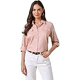 Allegra K Casual Button Down Shirts for Women's Collared Rolled Long Sleeve Blouse