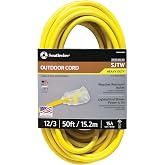 Southwire Outdoor Extension Cord &ndash; Durable Vinyl Jacket for For Farm, Ranch &amp; Workshop - Lighted End With Reinforced Blades - SJTW, Yellow - 12 Gauge, 3 Prong - 50 Feet