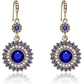 AILUOR Vintage Round Blue Sapphire Sunflowers Dangle Earrings, Women's Unique Retro Colorful Ethnic Bohemian Earrings Jewelry for Women