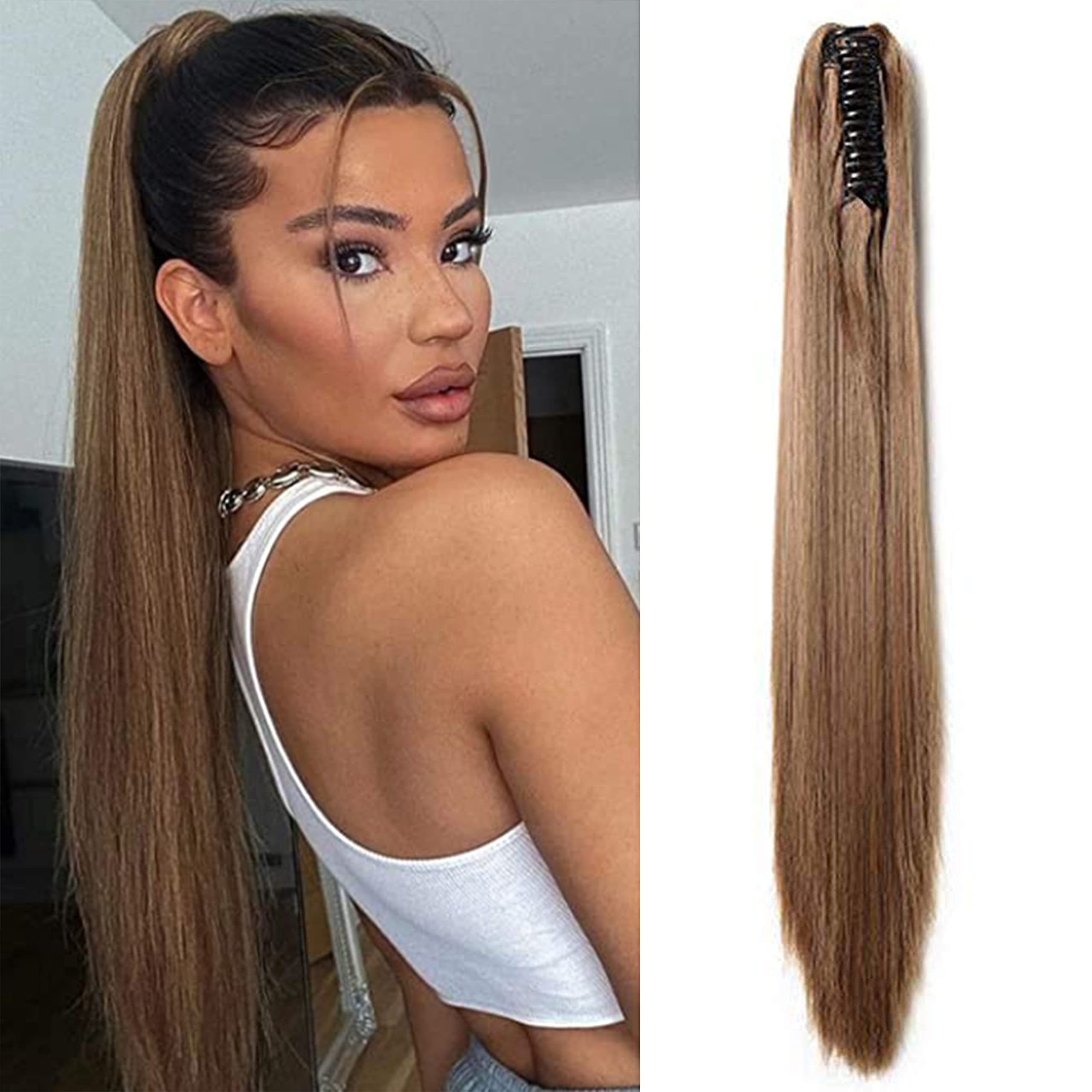 Women Ladies Wrap Around Ponytail Clip In On Hair Extensions [21" Inch, Light Brown] Long Straight Ponytail Hairpieces Claw On — image 1