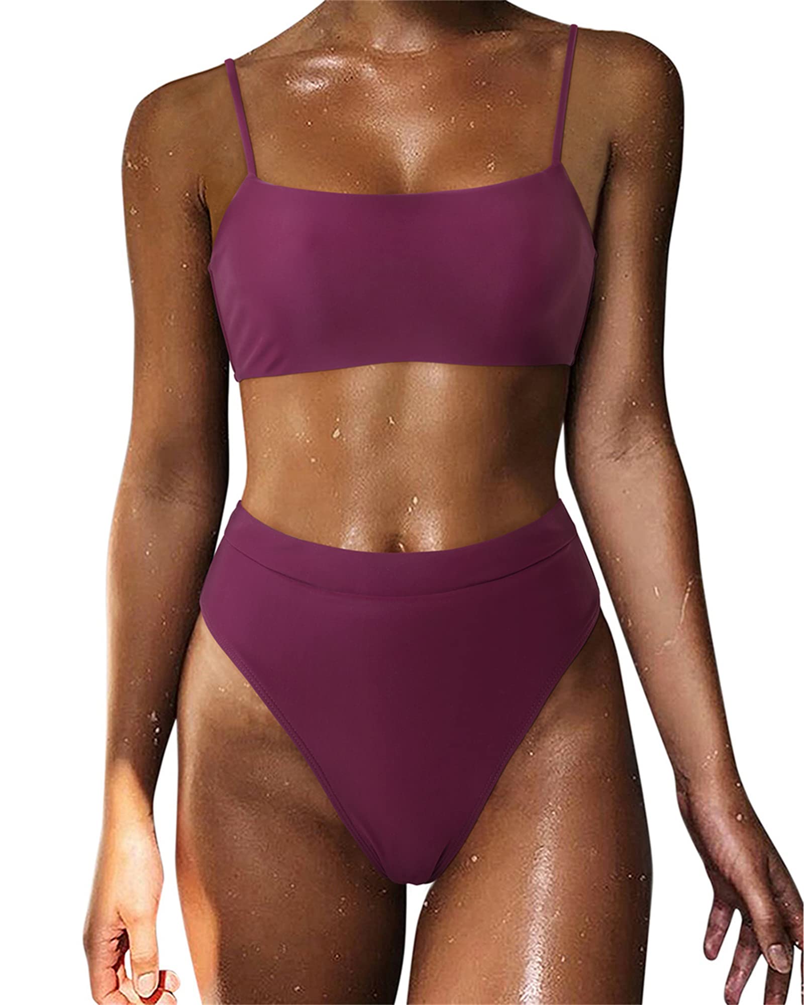 Photo 1 of MOSHENGQI Women Spaghetti Straps Bikini Sets High Cut Cheeky 2 Piece Swimsuits (X-Large, Wine Red)