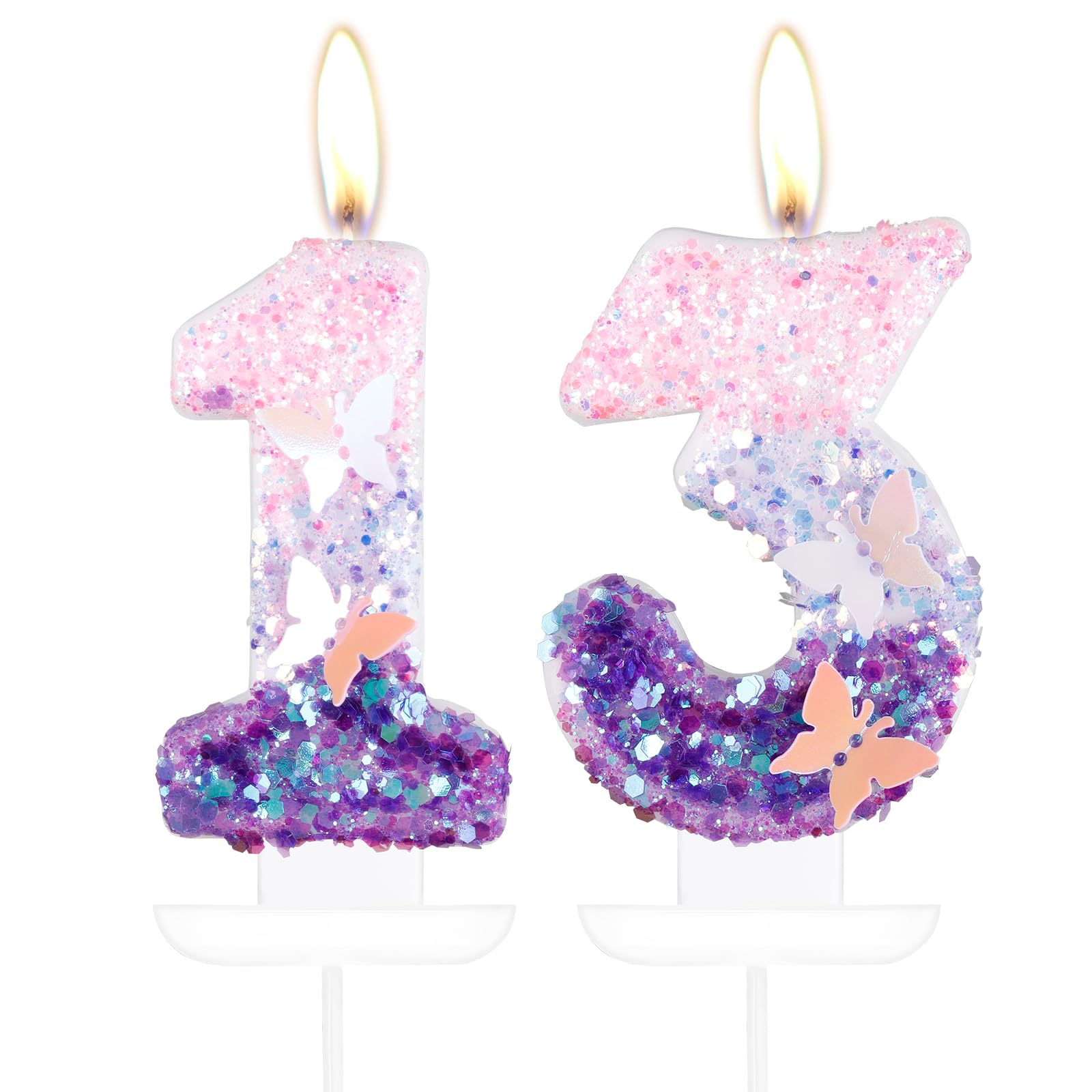 mciskin Butterfly Number 13 Candles for Cake, Purple Pink Butterfly 13th Birthday Cake Topper for Her,Girls 13th Birthday Decorations, Purple Pink 13 Candles for Party,Wedding,Baby Showers Supplies