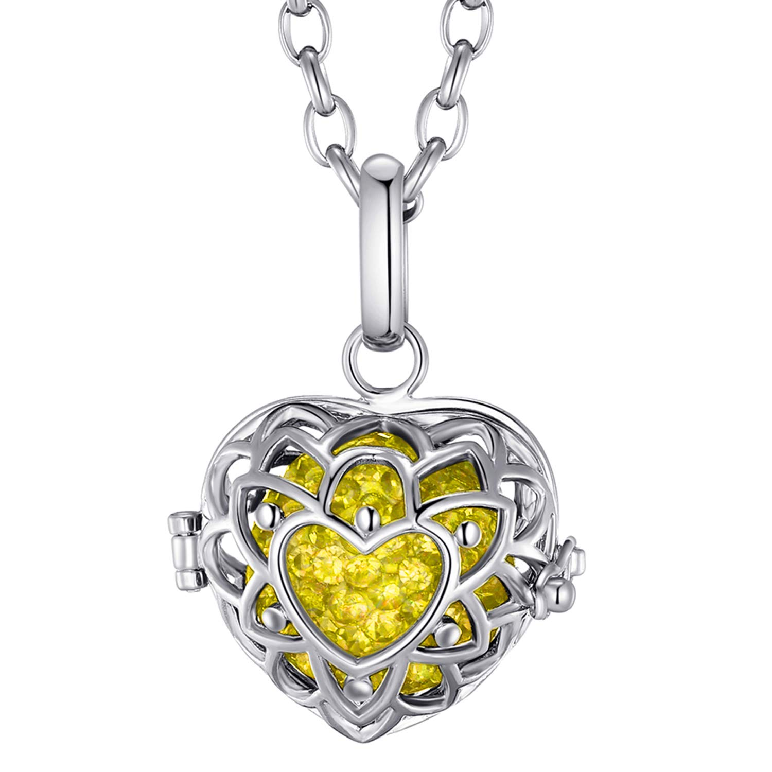 Morella Women Necklace Stainless Steel 70 cm 27,5" with Heart-Shaped Pendant with Sound Ball Zirkonia Yellow Ø 16 mm 0,63" in a Velvet Jewelry Bag