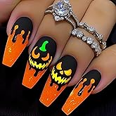 QQPPOLIU 2025 Halloween Press on Nails Long Coffin Fake Nail with Holiday Design for Women 24pcs Pattern 02