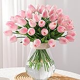 FLORRALIA 24 Pcs Artificial Tulips PU Faux Flowers, Red Real Touch Fake Tulips for Valentine's Day Spring Easter Home Kitchen Wedding Decorations and New Year Decor