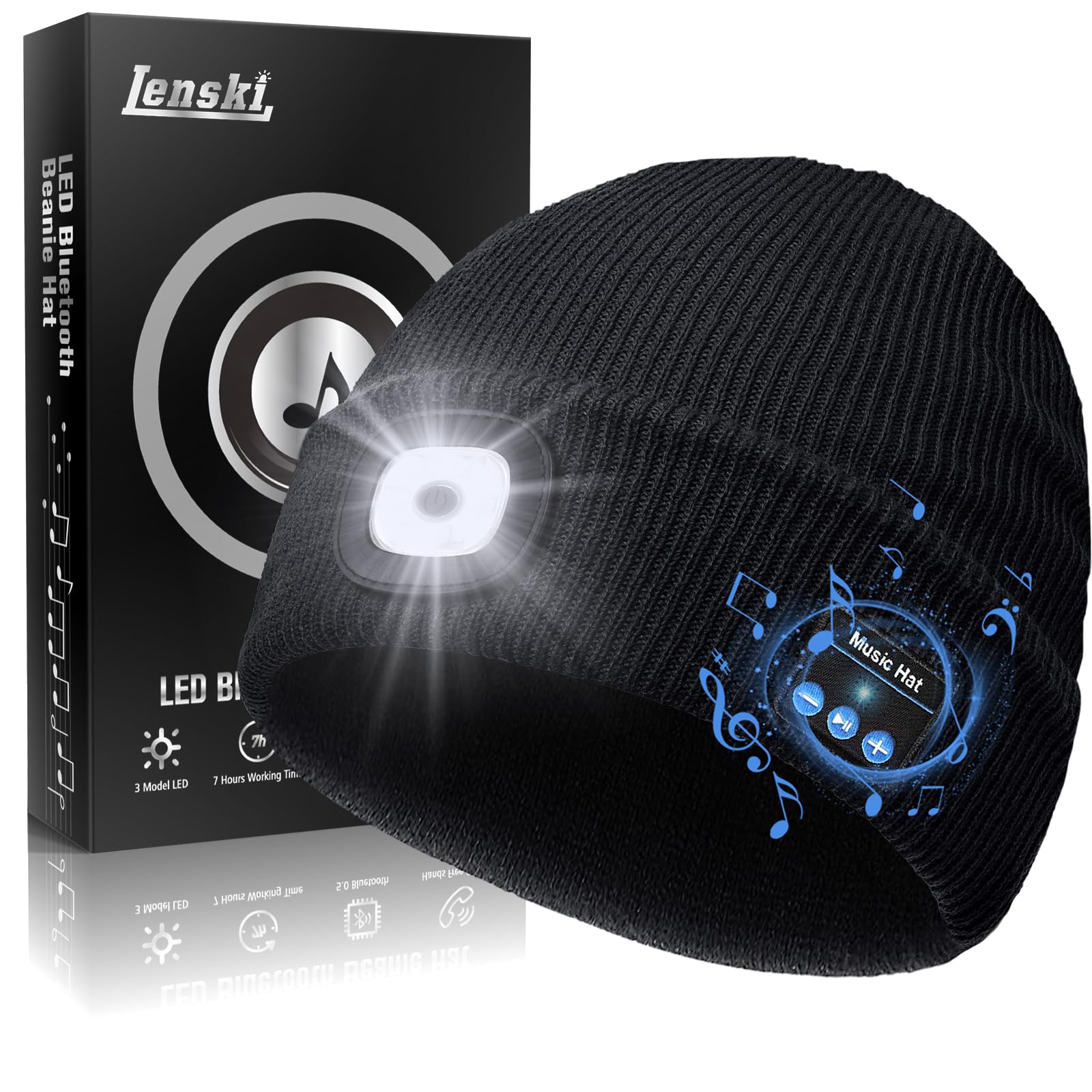 Lenski Birthday Gifts for Men, Bluetooth Beanie Hat with LED Lights, Father s Day Gifts from Daughter Son, Gifts for Dad, Gifts for Men Who Have Everything Black