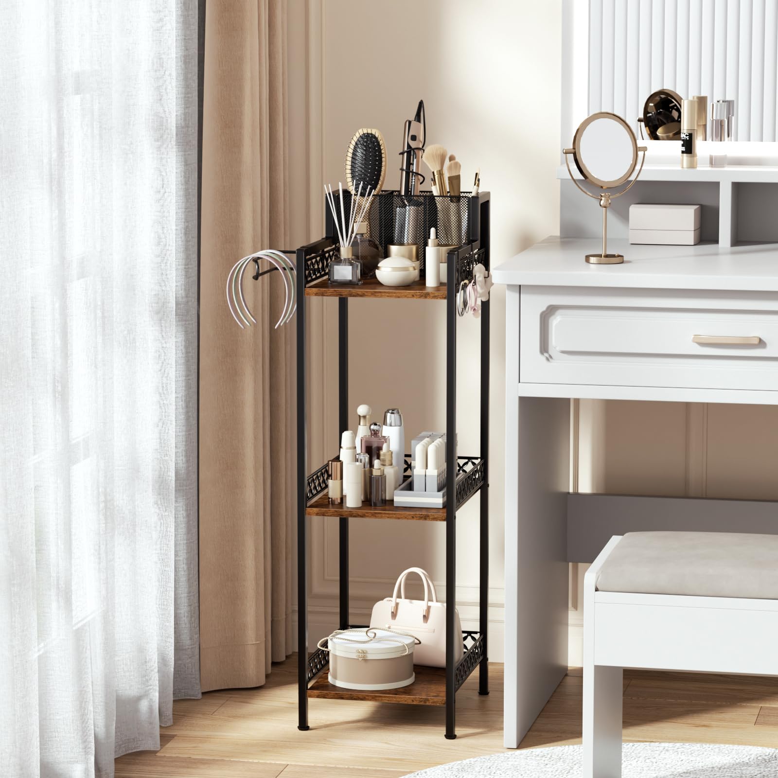 FURFUN 3-Tier Bathroom Storage Shelf Organizer with Toilet Paper Holder, Slim Metal Stand for Hair Tools, Toiletries, Kitchen, Bedroom, Office, Laundry Room, Small Spaces