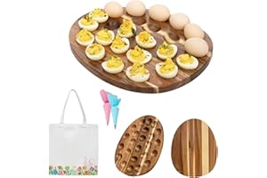 Girvem Wood Deviled Egg Platter 24 Egg Slots, Reversible Charcuterie Board Set, Deviled Egg Tray for Easter Party Home Kitchen Supplies, Free Canvas Bag, Piping Bag and Tips