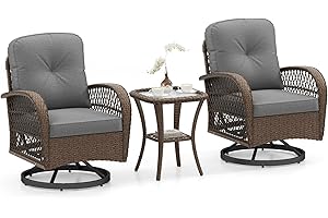 ORALNER 3 Pieces Wicker 360° Swivel Rocker Set Patio Furniture, Rocking Chairs with Cushions, Tempered Glass Coffee Table, Ou