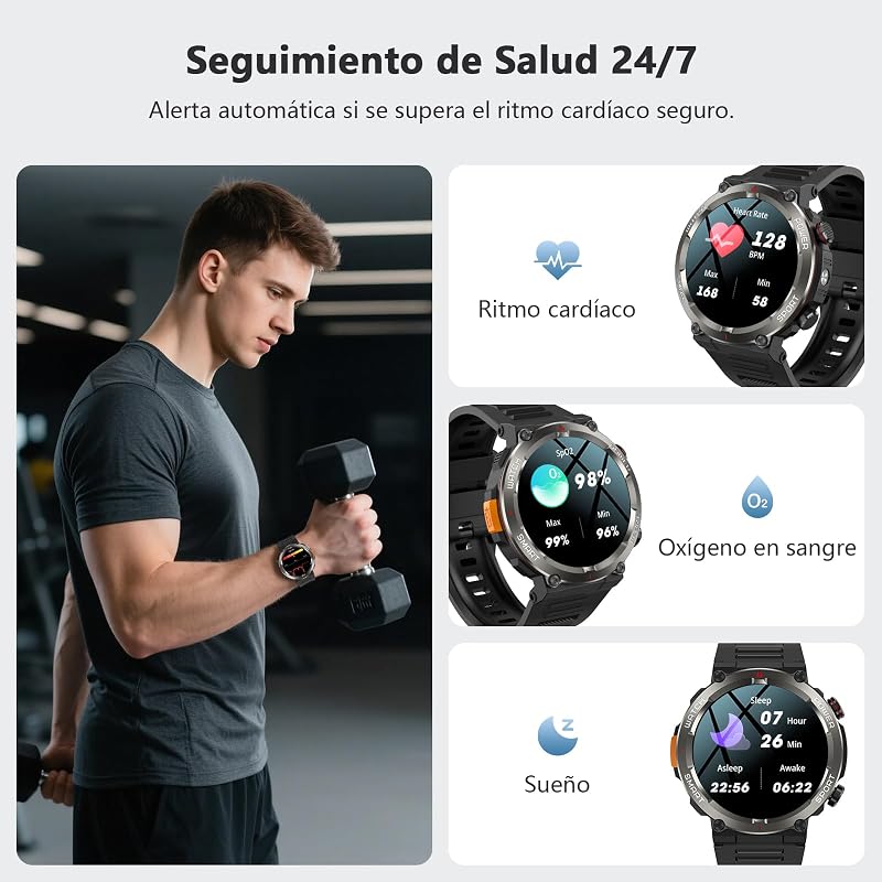 Reloj Inteligente Hombre con Llamadas con Linterna y Brújula, 960mAh Batería 1.45" Militar Smartwatch Hombre con,123 Modos Deporte,Monitor Cardíaco 24h/SpO2/Sueño,Podómetro,IP68,2Correas(iOS/Android)