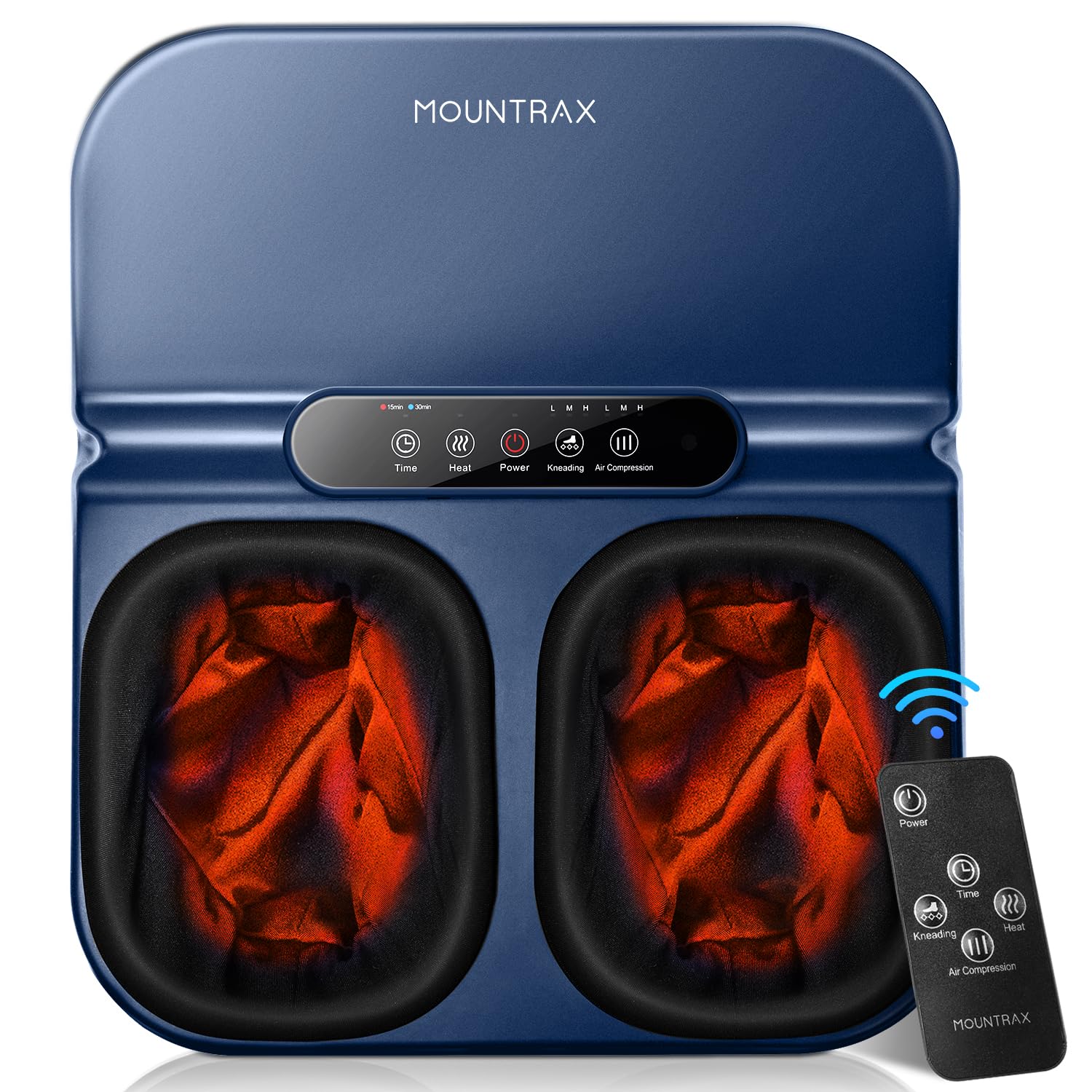 Photo 1 of MOUNTRAX Foot Massager Machine with Heat, Foot Massager for Plantar Fasciitis, Neuropathy Pain, Shiatsu Foot Massager with Remote, Fits Feet Up to Men Size 12 (Blue)