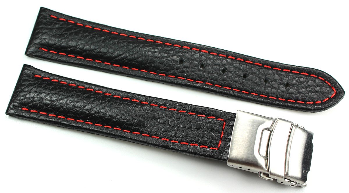Leather watch bracelet, butterfly, with a folding clasp, stainless steel, 20 mm, black with red stitching