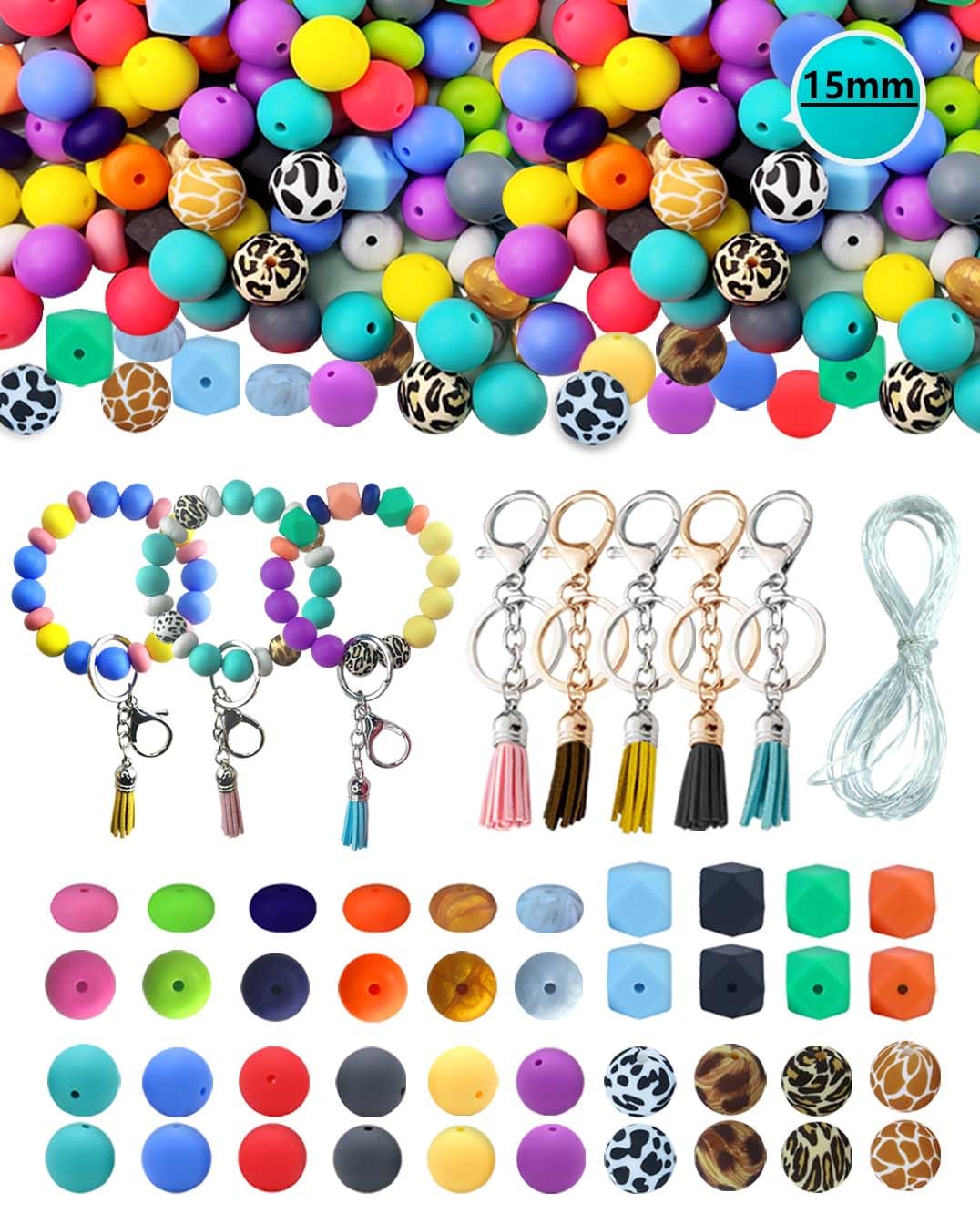 15mm Silicone Beads for Keychain Making kit-115pcs DIY Keyring Supplies-Adult Jewellery Making Kit-Large Beads for Bracelet Making-Make Your Own Keyrings with Seed Beads
