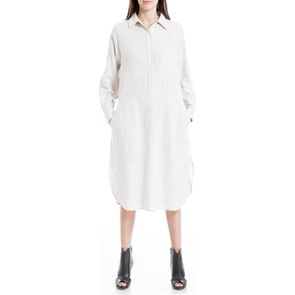 Max Studio Women's Roll Tab Sleeve Dress with Pockets, Cream/Black Quad  Pencil Stripe-5545, Small at Amazon Women's Clothing store