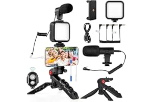 Kalofaye Vlogging Kit for iPhone, Android (with Tripod), with Mini LED Video Light + Cardioid Microphone + Phone Clip + Tripod for Video Calling, Vlogging, YouTube, Instagram, TikTok