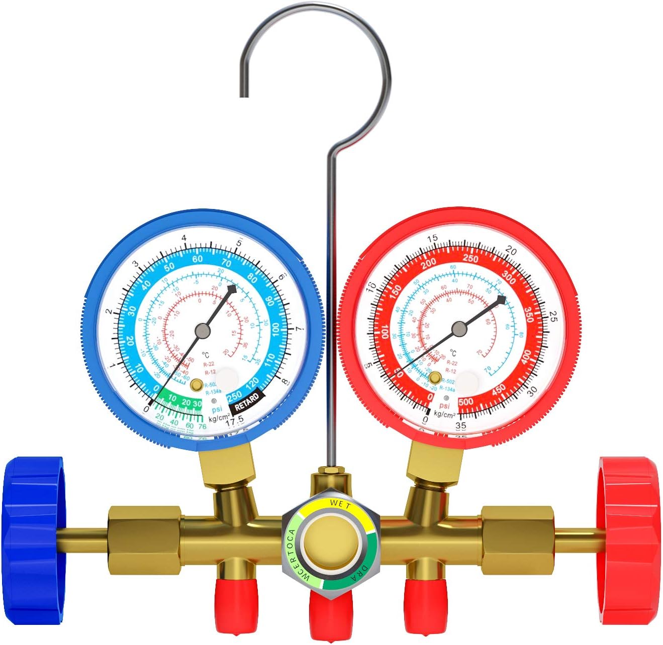 AURELIO TECH 3 Way AC Manifold Gauge Set, Fits for R134A R12 R22 and R502 Refrigerants, with 5FT Hose, Acme Tank Adapters, Quick Couplers and Can Tap (Instruction Included): Automotive