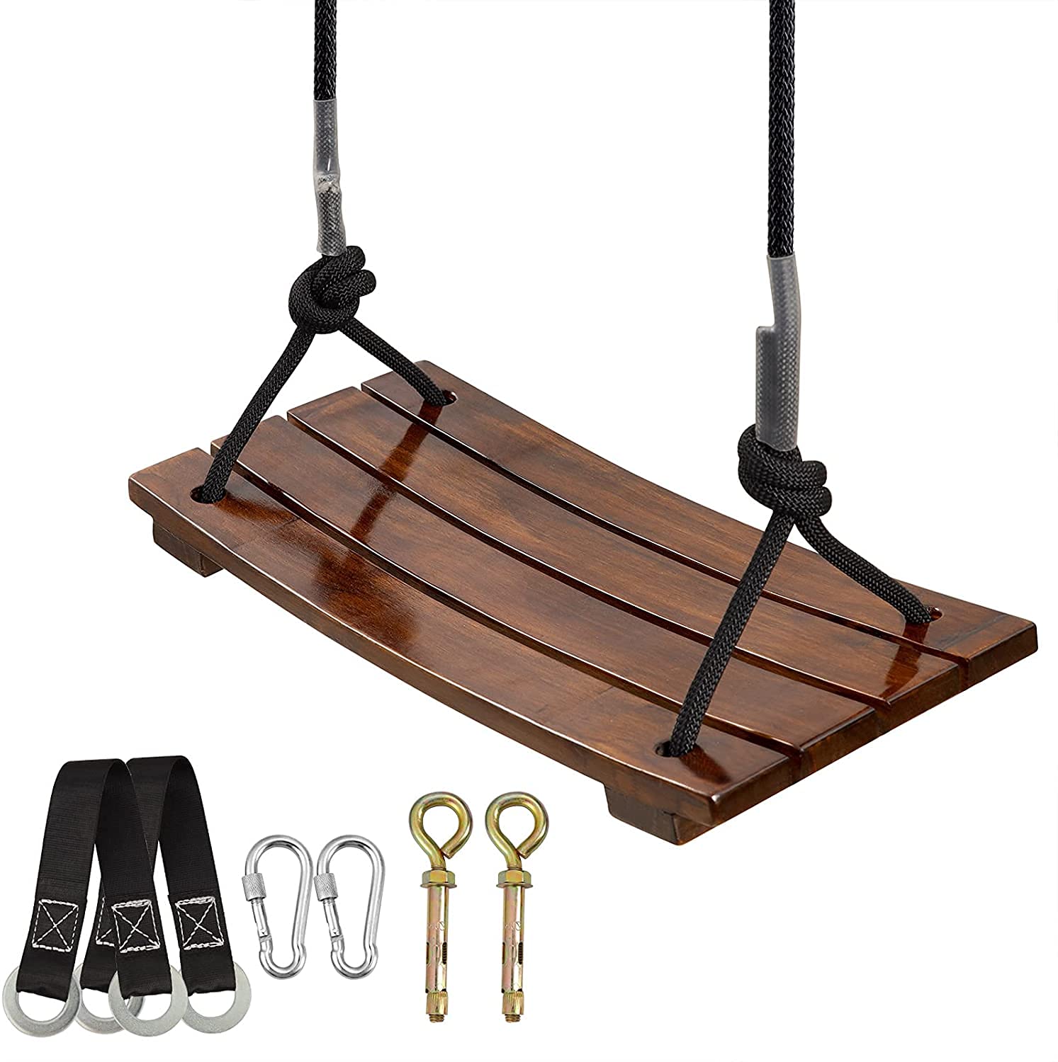PELLOR Wooden Swing Seat Carbonized Beech Wood Tree Swings with Reinforced Buckle Indoor & Outdoor for Kids Adults, Max Load 200KG/440lbs Dark Brown