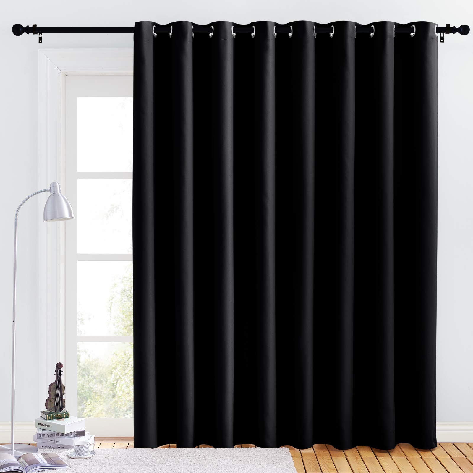 NICETOWN Light Reducing Grommet Curtain - (W120 x L102, Black, 1 Piece) Tripe Woven Textured Soft Curtain Panel for Living Room, Large Window Drape Image