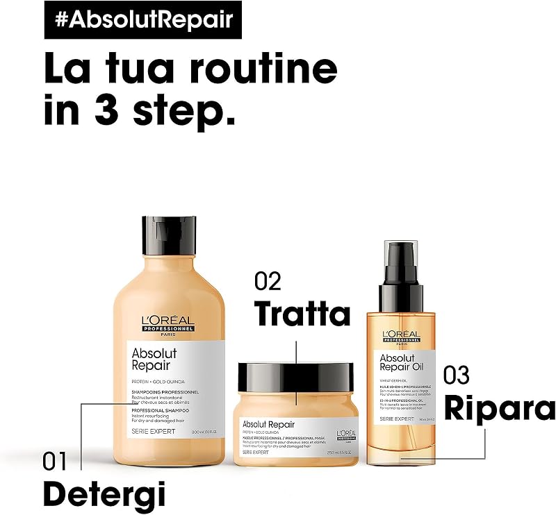 Shampoo professionale per capelli secchi e danneggiati Absolut Repair Serie Expert, Formula ristrutturante, 300 ml