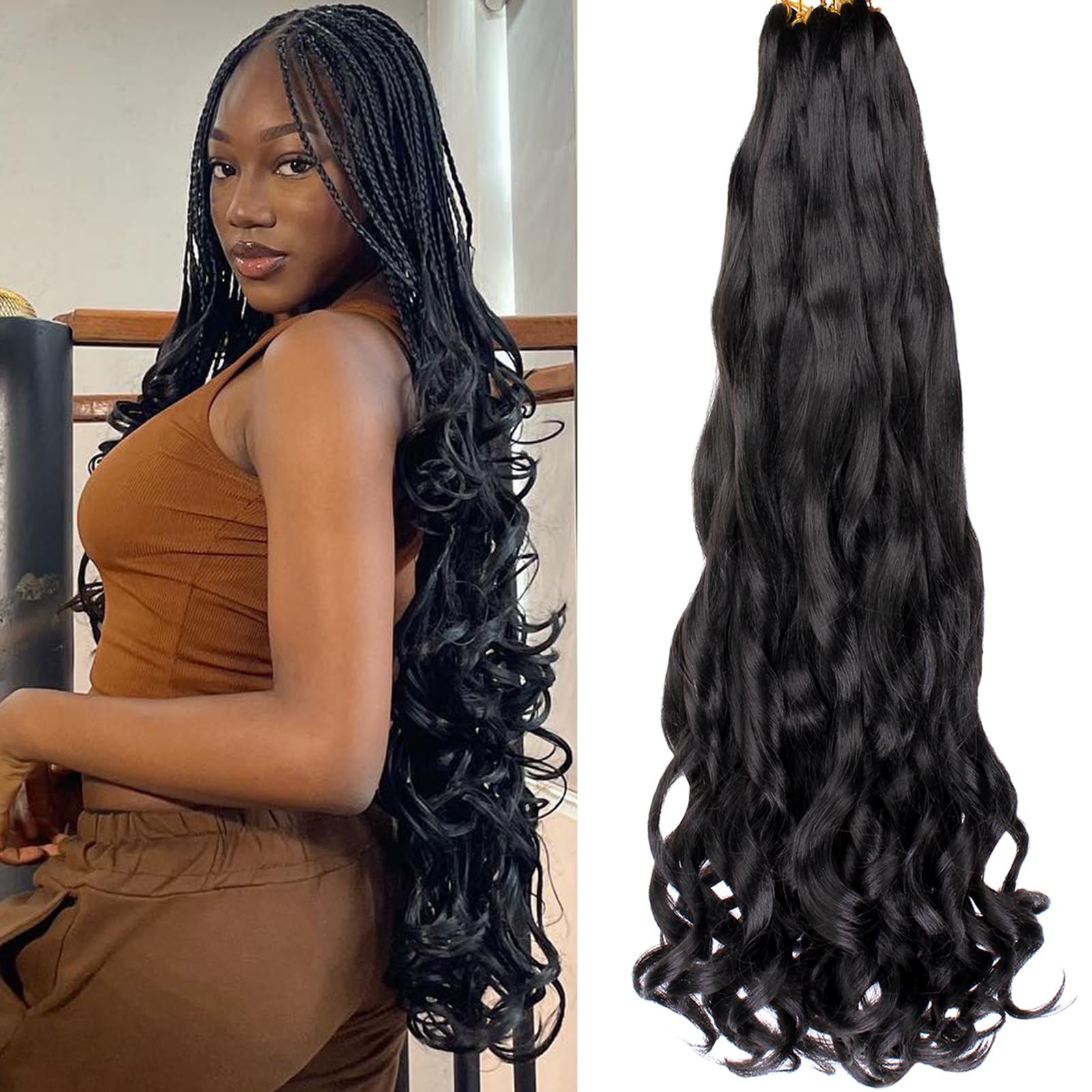 Photo 1 of COOKOO 30 Inch 9 Pcs Premium French Curl Braiding Hair Natural Black Pre-stretched Spiral Loose Wave Braiding Hair Yaki Texture Synthetic Hair Extensions for Black Women 1B#