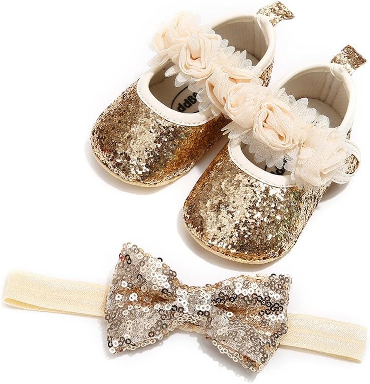 Baby Girls Shoes Soft Sole Prewalker Mary Jane Princess Party Dress Crib Shoes with Flower Headband