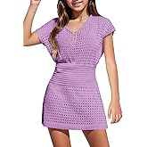 CharmWM Girls Summer Crochet Swim Beach Cover Up Button Elastic Waist Beach Dress 5-14 Years