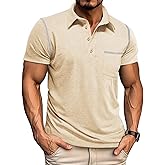 Mens Casual Polo Shirts Classic Short Sleeve Basic Golf Button Shirt with Pocket