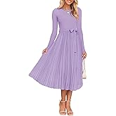 ZESICA Women's Fall Long Sleeve Midi Dress 2025 Casual Crewneck Knit Belted Pleated A Line Flowy Party Dresses