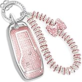 CTRINEWS for Ford Key Fob Cover with Fashionable Zirconia Wristlet KeyChain, Enchanting Diamond Patterns Soft Case for Fusion Mustang F150-350 Edge Explorer Lincoln etc. (5 Button) Shell (Pink, A)