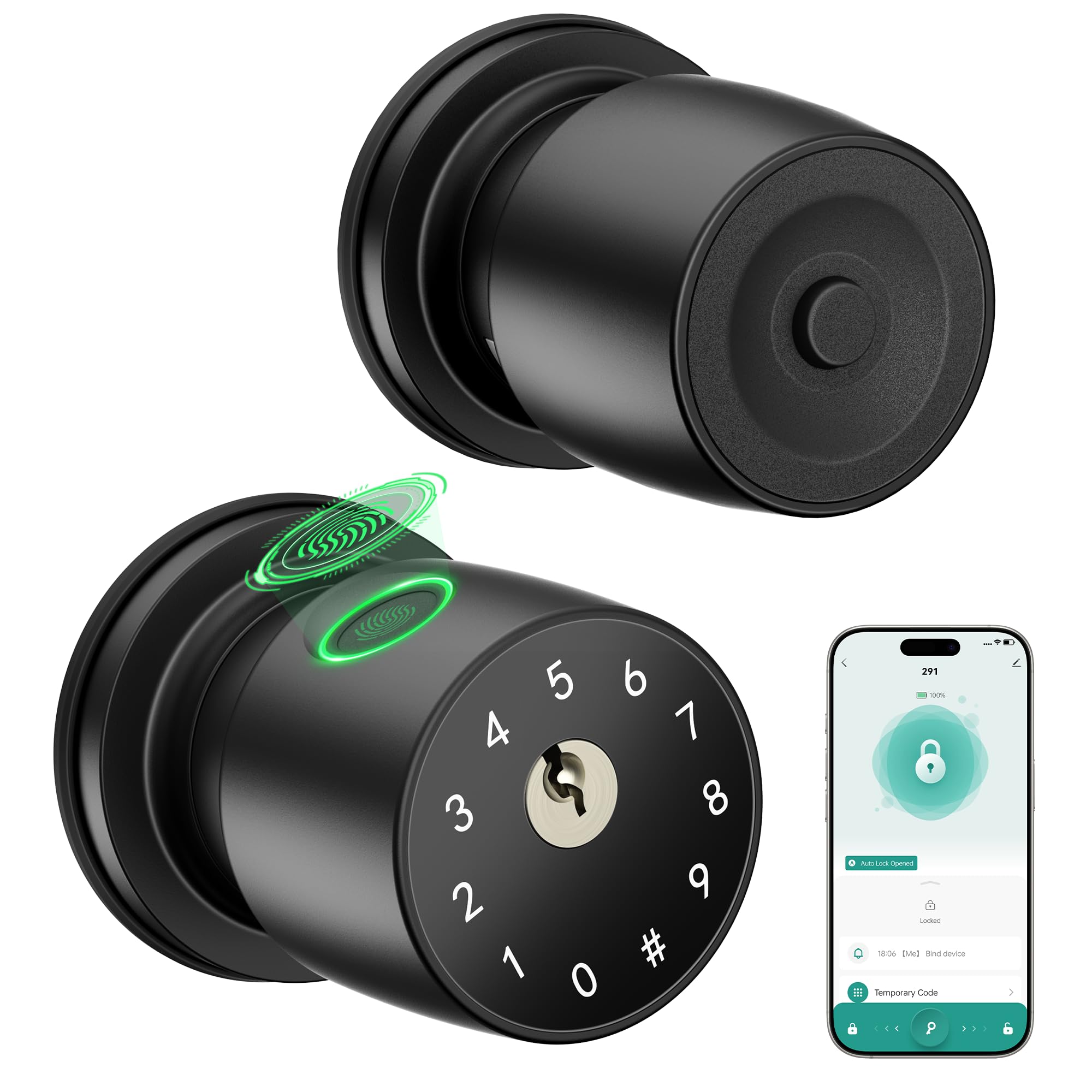Photo 1 of IRONZON Fingerprint Door Knob for Bedroom - 291Y 4-in-1 Keyless Bedroom Door Knob Smart Door knob with App, One-tap Privacy Mode Setup, Auto-Lock Easy to Install - Matte Black