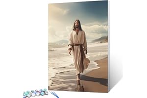 AIHONMIN Jesus Walking Along a Beach Paint by Numbers for Adults Beginner Kids Christ Savior Oil Painting Kit on Canvas with Brushes Acrylic Pigment Arts Religion Style Home Decor 16x20In (Frameless)