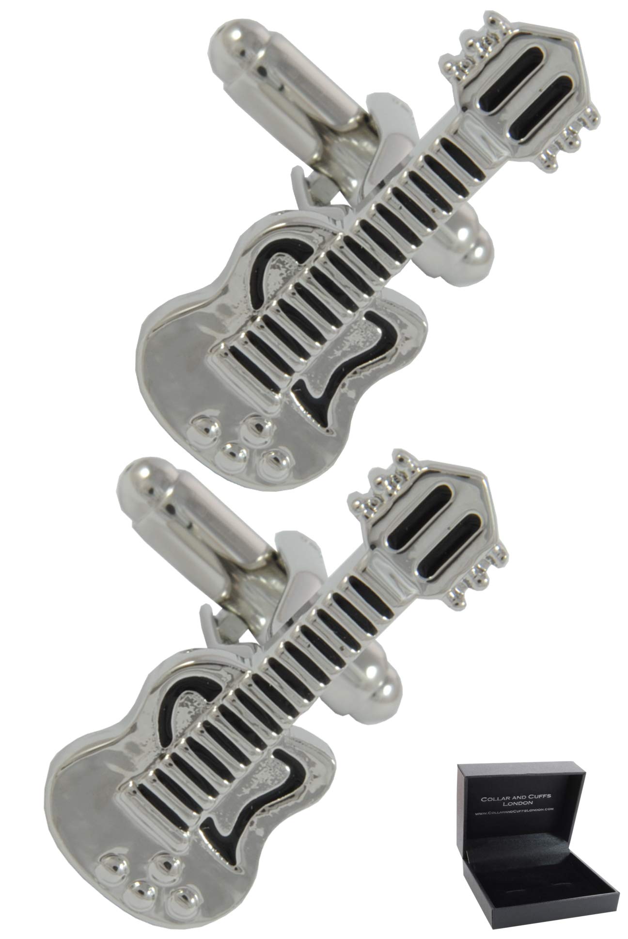 Cufflinks for Men + Presentation Box - Fun Guitar - Electric Guitar - Solid Brass Metal - Music Musical Teacher Singer Player Band Instrument - Silver and Black Colours - One Pair
