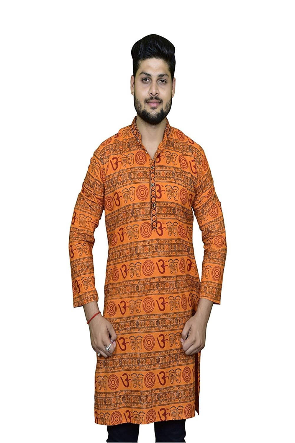 ldhsati cotton blend orange om printed kurta for men ( men's) man