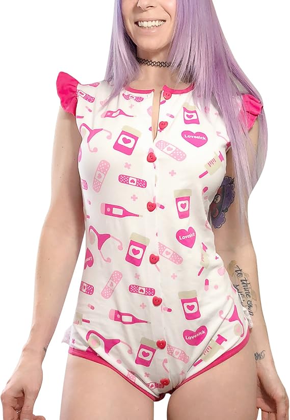Littleforbig Body Bebe Pour Les Adultes Amoureux Des Couches Barboteuse Avec Une Ouverture A L Entrejambe Comme Pyjama Motif De Lovesick Abdl Femme Vetements Dwteam In