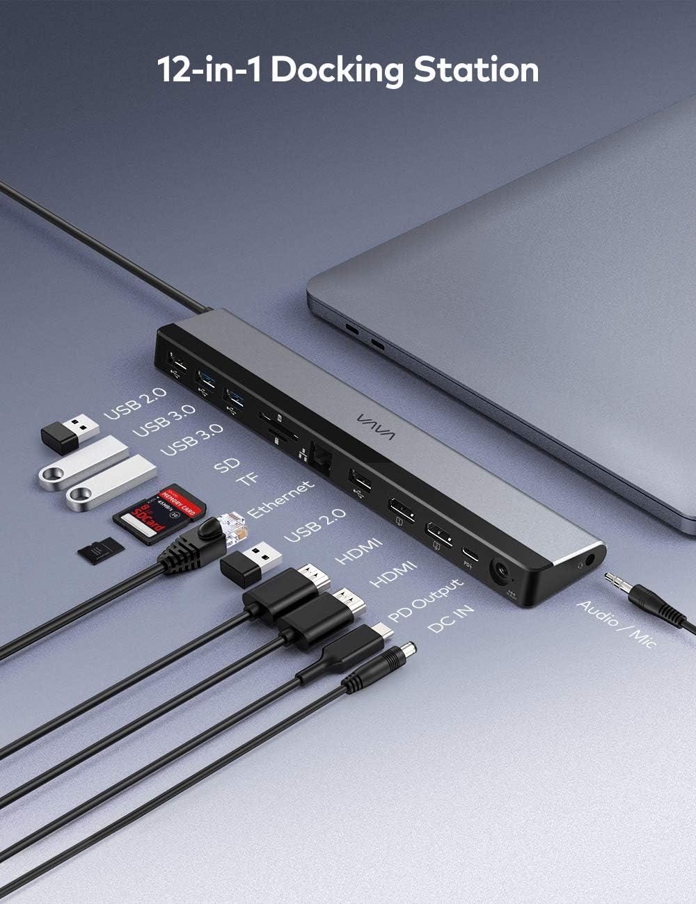 VAVA USB C Docking Station, 12-in-1 Type C Hub with Dual 4K HDMI Ports, RJ45 Ethernet, 4 USB Ports, SD/TF Cards Reader, PD USB-C Charging Port, Audio/Mic for MacBook/Pro/Air, Type C Windows Laptops: Computers & Accessories