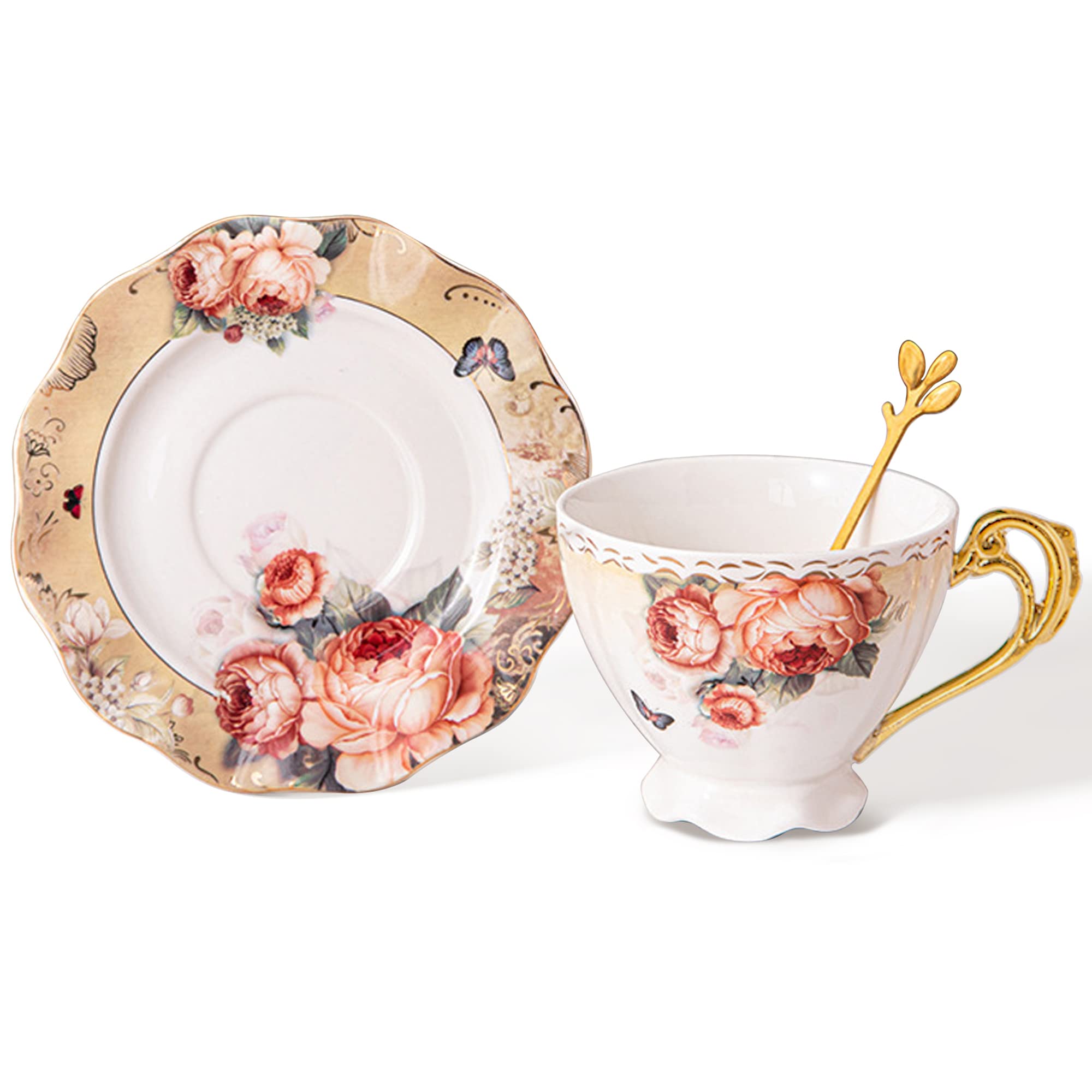 fanquare Flower Porcelain Tea Cup and Saucer Set, 200ml Coffee Cup with Gold Trim, Orange Tea Cup Set for Daily Use
