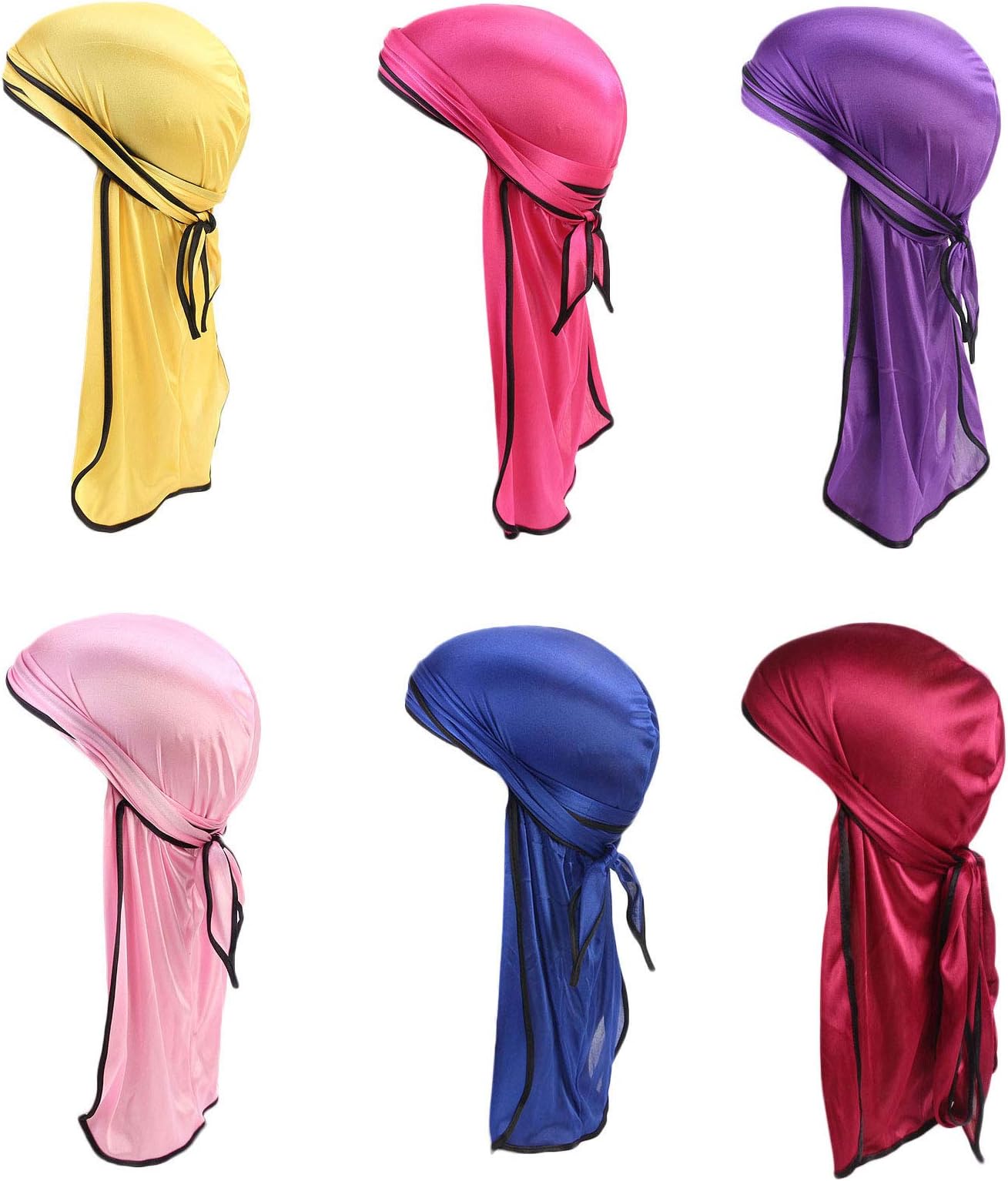 6 Pack Men's Women's Silk Accent Durag Cap Headwraps Mixed Colors