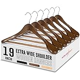 HOUSE DAY 19'' Extra Wide Shoulder Wooden Hangers 6 Pack, Premium Large Wood Suit Hangers with Non Slip Pant Holder, Wide Shoulder Hangers for Suits, Coats, Jackets, Heavy Wide Clothes Hanger, Walnut