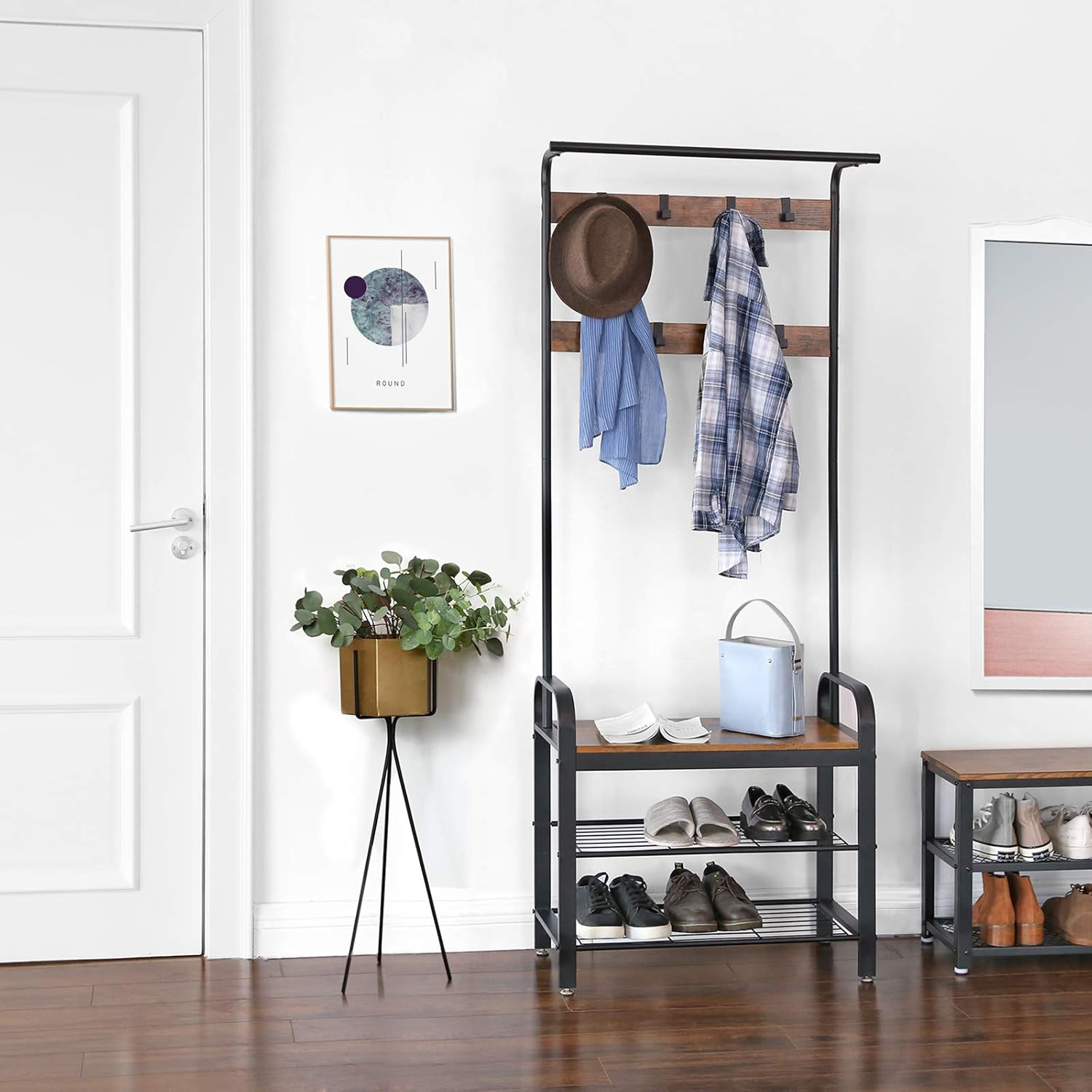 VASAGLE DAINTREE Coat Rack, Shoe Bench, Hall Tree with Storage Shelf for Entryway, Industrial Accent Furniture with Steel Frame, 3-in-1 Design, Easy Assembly, Rustic Brown and Black UHSR40B: Kitchen & Dining