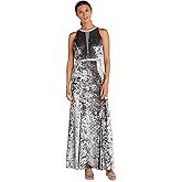 R&M Richards Women's Long Ice Velvet Dress W/Elegant Neck Waist Detail & Slit