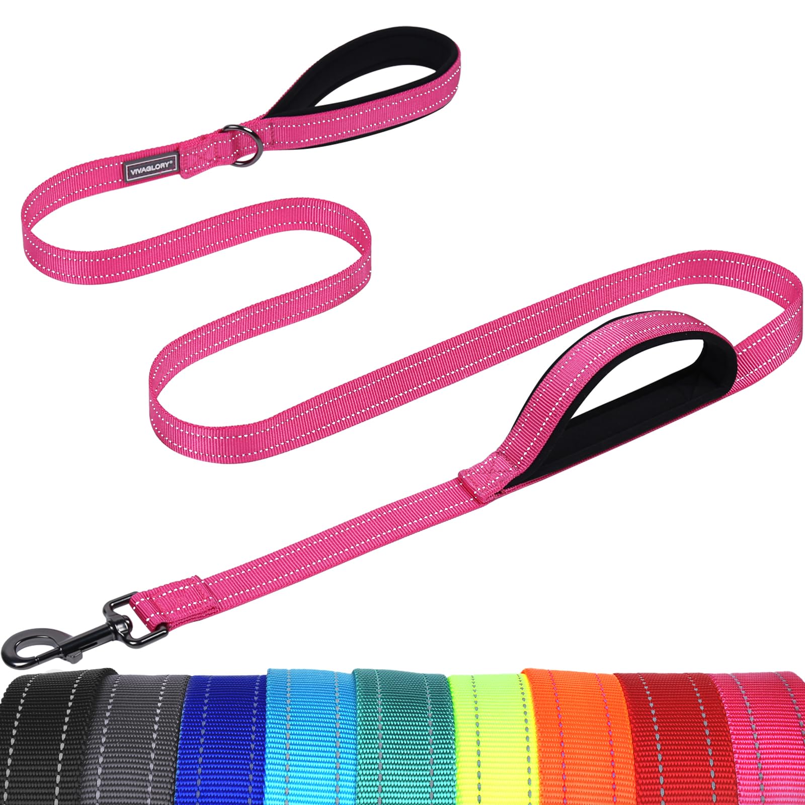 VIVAGLORY Dog Lead Twingrip Double Handle Dog Lead, Leash with Traffic Handle & 2 Loop for Walking & Training, Traffic Control Reflective Heavy Duty for Puppy Pet, 1.8m x 2.5cm, Pink