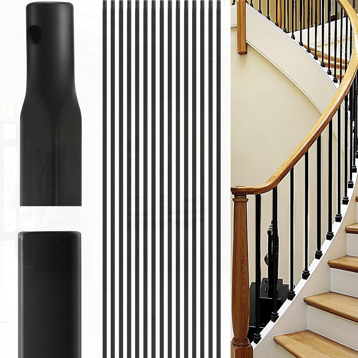 Photo 1 of Dunzy 1/2" x 44" Deck Balusters Wrought Iron Plain Balusters Black Metal Hollow Iron Spindles Baluster for Staircase Interior Indoor Stairs Deck Railing(100 Pcs)